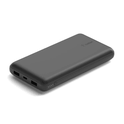Belkin tragbares USB-C-Ladegerät, 20.000mAh, 20K Powerbank mit USB-C-Ein-/Ausgang und 2 USB-A-Anschlüssen mit USB-C/USB-A-Kabel für iPhone, Galaxy, Pixel, iPad, AirPods und andere Geräte – Schwarz 1 Packung Schwarz