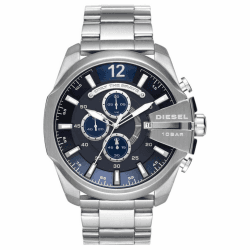Diesel Chronographuhr Mega Chief für Herren, 59 mm Gehäusegröße, Edelstahluhr 51MM Dunkelblau und Silberton