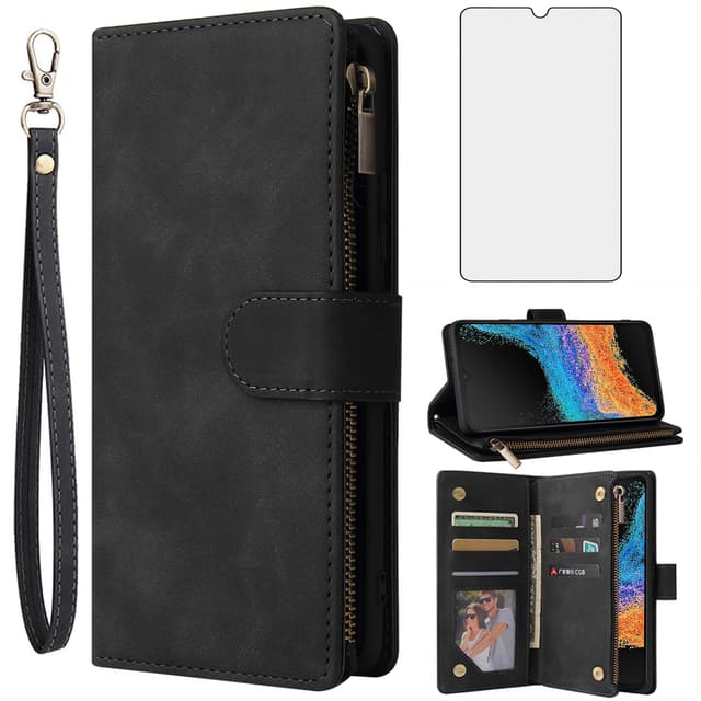 Asuwish Handyhülle für Samsung Galaxy Xcover 6 Pro Hülle mit Folie Schutzfolie und Kartenfach Klappbar Leder Geldbörse Ständer X Cover 6Pro Reißverschluss Handy Hüllen Schutzhülle Phone Case Schwarz
