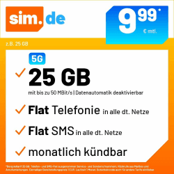 Handytarif sim.de z.B. Allnet Flat 25 GB – (Flat Internet 5G 25 GB, Flat Telefonie, Flat SMS und Flat EU-Ausland, 9,99 Euro/Monat, monatlich kündbar) oder andere Tarife 25 GB / 9,99 EUR mtl.