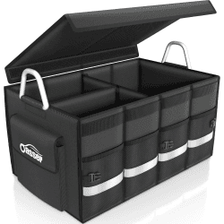 Oasser Kofferraumtasche Kofferraum Organizer mit Deckel Auto Kofferraum Organizer Autotasche Auto Kofferraum Box Praktisch Wasserdicht Rutschfest Faltbar mit Aluminium Griffe Reflexstreifen 60*35*30 cm Schwarz