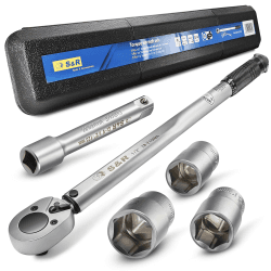 S&R Drehmoment-Schlüssel Set 28-210 Nm für Fahrrad, Auto, Kfz und Pkw – Ratsche mit Umschaltfunktion, Verlängerung 125 mm, Stecknüsse 17, 19, 21 mm – Reifenschlüssel-Satz für Reifenwechsel