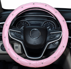 Mayco Bell Diamond Lenkradbezug für Damen, Leder Bling Cute Car Lenkradbezug Universal 15inch mit Crystal Diamond (Pink) Rosa