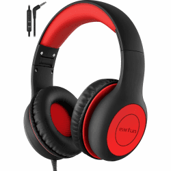 EarFun Kinder Kopfhörer, Kopfhörer Kinder mit Kabel, 85/94dB Lautstärkenbegrenzer, Faltbare, Einstellbar, Stereo Sound, HD-Mikrofon, Audio-Sharing, Over Ear Kinderkopfhörer für Schule/Reise/PC, Rot 85dB/94dB Schwarz und Rot