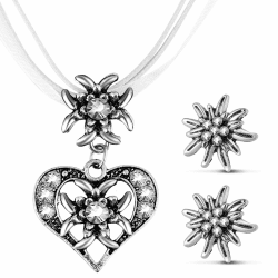 Patelai 3 Stück Trachtenschmuck Set Bayerisch Dirndlschmuck Trachtenkette mit Strass Edelweiß Herz Anhänger und Edelweiß Ohrstecker für Damen Bierfest Trachten Dirndl Outfit Accessoires