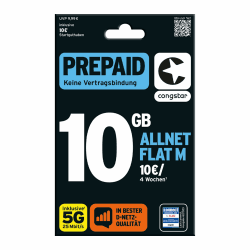 congstar Prepaid ALLNET M SIM-Karte ohne Vertrag I Allrounder Prepaid-Paket in D-Netz-Qualität I 9GB LTE mit 25 Mbit/s + 10€ Startguthaben I Telefonie & SMS Flat in alle dt. Netze I EU- Roaming inkl.