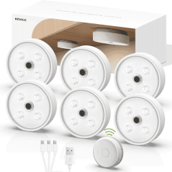 EZVALO Schrankbeleuchtung Kabellos LED, Spots Batteriebetrieben 2000mAh Kontrolle der Gruppe mit Fernbedienung, Kabellos Schranklicht mit Bewegungssensor, Unterbauleuchte Vitrinenbeleuchtung (6 Stück) Weißes 6 Stück