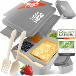 LUNCH HERO® Brotdose Kinder mit Fächern - Auslaufsichere Lunchbox Kinder - Jausenbox Kinder, Bento Box Kinder ideal für Schule & Kindergarten - BPA freie Kinder Brotdose mit Fächern 6 Fächer (Model 1) Grau (Affe)