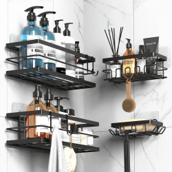 Cooeco Duschablage ohne Bohren, 4 Stück Duschregal ohne bohren Badezimmer, Duschkorb ohne bohren Schwarz für Bad & Küchen Vierteiliges Set