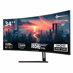Minifire 34" UWQHD Curved Gaming Monitor 165Hz(DP),3440 x 1440,Curved 1500R,1 ms(MPRT),100Hz(HDMI), AMD FreeSync,VA Panel,2xHDMI 2.1(TMDS)/1xDP 1.4 Ports(MFG34C5Q DP-Kabel im Lieferumfang enthalten) 34"/165Hz/HDMI/DP
