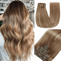GUDOZO Clip in Extensions Echthaar 7pcs 55cm 120g Hellbraun mit Goldblond Invisible Clip Extensions Echthaar Extensions Clip Extensions Echthaar Skin Weft Haarverlängerung(22zoll,10/10/22#) 10/10/22# 22inch(55cm)-7pc-120g
