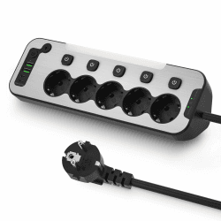 Ecksteckdose Küche und Büro, Steckdosenleiste Einzeln Schaltbar 5-Fach,Tischsteckdose mit USB C,Wandmontage Mehrfachsteckdose mit Schalter,Metall Steckerleiste Überspannungsschutz 2M Kabel,Schwarz