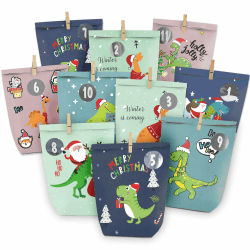 adventskalender zum Befüllen, 24 Weihnachtskalender Geschenk Papiertüten Groß zum Selber Befüllen,Motiv Farbenfroher Dinosaurier,Kraftpapiertüten Advents Tüten Selbstbefüllen für Kinder & Erwachsene