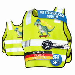 LAUTER SCHUTZ ® Warnweste Kinder (3-12 Jahre) Sicherheitsweste [2 Stück] für bessere Sichtbarkeit bei Tag und Nacht für Sport, Laufen, Fahrrad, Weg zur Schule & Auto (Reflektorweste - Dino)