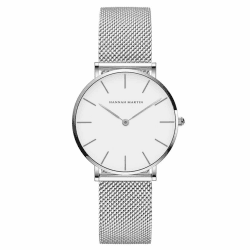 HANNAH MARTIN Damen Uhren Analog Quarz Edelstahl Wasserdicht Mesh Ultradünne Weiß Oberfläche ，silber Armband