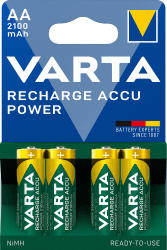 VARTA Batterien AA, wiederaufladbar, 4 Stück, Recharge Accu Power, Akku, 2100 mAh Ni-MH, ohne Memory Effekt, vorgeladen, sofort einsatzbereit AA, 2100 mAh 4 Stück