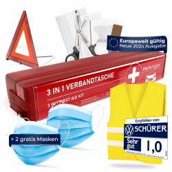 Rellinger® [3 in 1] Verbandskasten Auto 2024 für HU geprüft [EUROPAWEIT GÜLTIG] - inkl. 2x Gesichtsmasken + Warnweste & Warndreieck & Verbandsmaterial - Erste Hilfe Set Auto [DIN 13164 ZERTIFIZIERT]