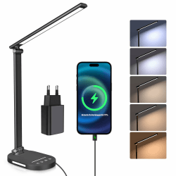 HASKARE Schreibtischlampe LED Dimmbare Tischlampe, 5 Farbmodi und 5 Helligkeitsstufen Blendfreie Augenschutz-Desk Lamp, USB-Ladeanschluss，Mit 5V/2A Netzadapter Schwarz