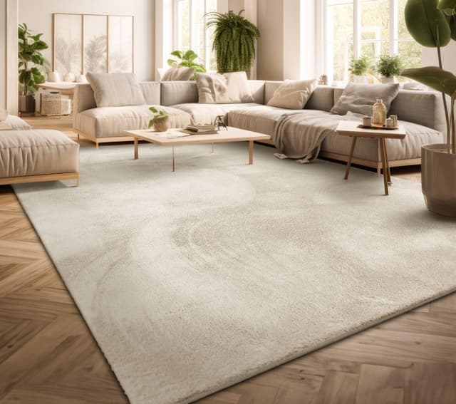 TT Home Teppich Wohnzimmer Kurzflor Anti-Rutsch Rückseite Einfarbiges Design Waschbar, Farbe: Creme, Größe:240x340 cm 240 cm x 340 cm Creme