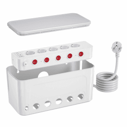 Kabelbox mit Steckdosenleiste Weiß, 5-Fach Mehrfachsteckdose Überspannungsschutz 5 Steckdose und 4 USB, Kabel Organizer Box Steckerleiste Einzeln Schaltbar Schreibtisch Organizer Kabelmanagement Box
