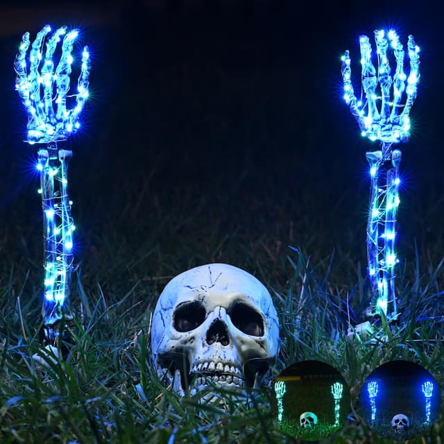 Maxee Halloween Leuchtende Skelett Totenkopf Set, 1 Totenkopf und 2 Schädel Hände mit 2 Grüne LED-Lichterketten (3 Modi), 2 Blau LED-Lichterketten (3 Modi), Halloween Deko für Draußen Garten 3 meter Lichterkette ohne Fernbedienung Grün Blau