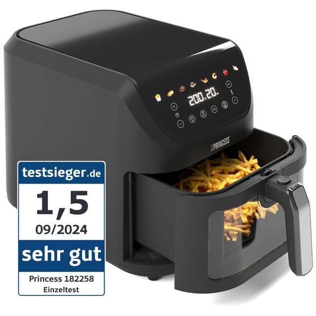 Princess SlimFry Heißluftfritteuse 8 L, platzsparend, fettfreie Kochtechnologie, 8 Programme, Sichtfenster, leistungsstark (2000 W) und leiser Betrieb (55 db), Schwarz, Airfryer 01.182258.01.001 KOMPAKTES, SCHLANKES DESIGN 8L