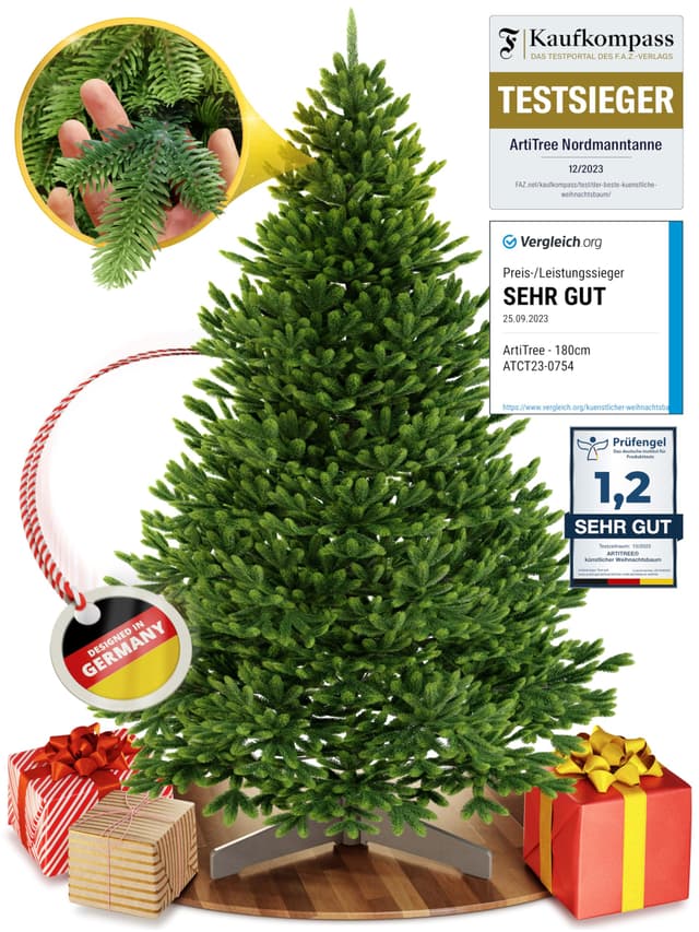 Weihnachtsbaum künstlich [100% Spritzguss] - Naturgetreuer Tannenbaum mit Stabiler Spitze | Premium Nordmanntanne inkl. FSC zertifiziertem Holzständer & reißfester Tasche (ohne Beleuchtung, 180 cm) ohne Beleuchtung 180 cm