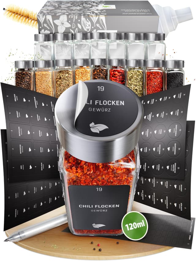 LAEVU Gewürzgläser Set Eckig | 24 Stk. 120ml - 10,7 x 4,5 cm | mit 350 Gewürzetiketten, 48 Streueinsätze, 1 Kreidestift zum Beschriften und noch mehr | 24 24er Set - Edelstahl
