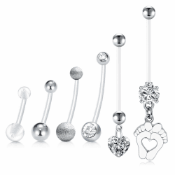 LAURITAMI 6stk Schwangerschaft Bauchnabelpiercing Nabel Ringe Acryl Fleixble Bioflex 14/18/25/32/35/38mm Stab Bauchnabel Piercing Silber Fuße