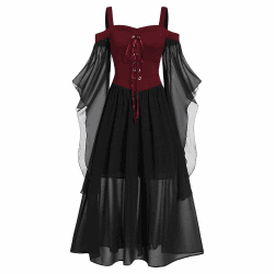 CHARMMA Gothic Halloween Kleid Kostüm Damen,Übergröße A-Linie Schnüren Maxi Kleider mit Schmetterlingsärmeln für Frauen,Festliches Vintage Schwarz Hexenkleid Cosplay Club Party Dress Rot 4XL