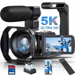 Videokamera 5K HD 64MP WiFi Camcorder für YouTube, 30FPS Webcam IR Nachtsicht Vlogging Kamera, 18X Digitalzoom 3,0 Touchscreen Video Camera mit SD-Karte, 2 Batterien, Fernbedienung, und Stabilisator DV099