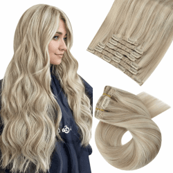 Moresoo Clip in Extensions Echthaar Haarverlängerung Echthaar Clip Aschblond mit Platinblond Extensions Echthaar Clips Doppelschuss120g 7pcs 40cm #P18/613 40 cm 1.P#18/613