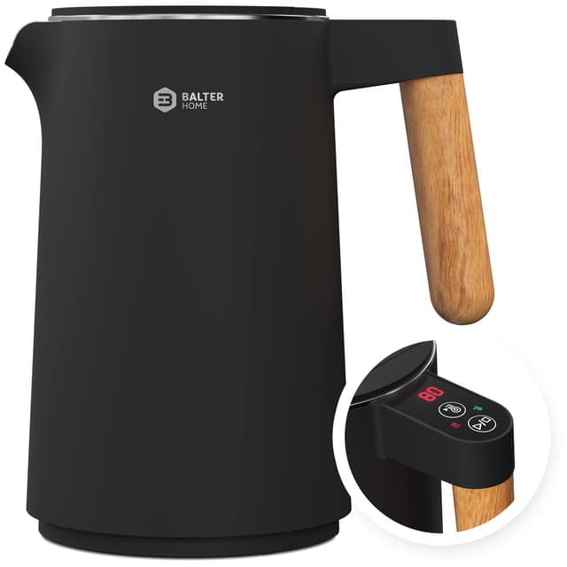 BALTER Edelstahl Wasserkocher mit Temperatureinstellung, 45°C-100°C, Doppelwand, BPA frei, leise & kabellos, Warmhaltefunktion, Teekocher mit Temperaturanzeige, 1.5L, 2200W, Schwarz (Black) 1.5 Liter Black