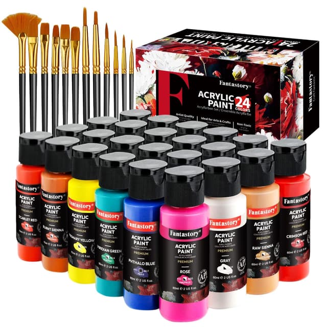Fantastory Acrylfarben Set,24 Flaschen 60ml+12Pinsel,wasserfestes,nicht verblassendes,ungiftiges Acrylic Paint,Für Leinwand,Holz,Keramik,Modelle;Künstler,Profis,Anfänger [Professionelle Serie] 24 Farben x 60ml