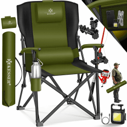 KESSER® Campingstuhl faltbar bis 160 kg | Angelstuhl Faltstuhl Klappstuhl Gepolstert mit Armlehnen | Campinglicht und Getränkehalter + Tasche mit hoher Rückenlehne | Strandstuhl mit Angelhalterung Khaki / Schwarz