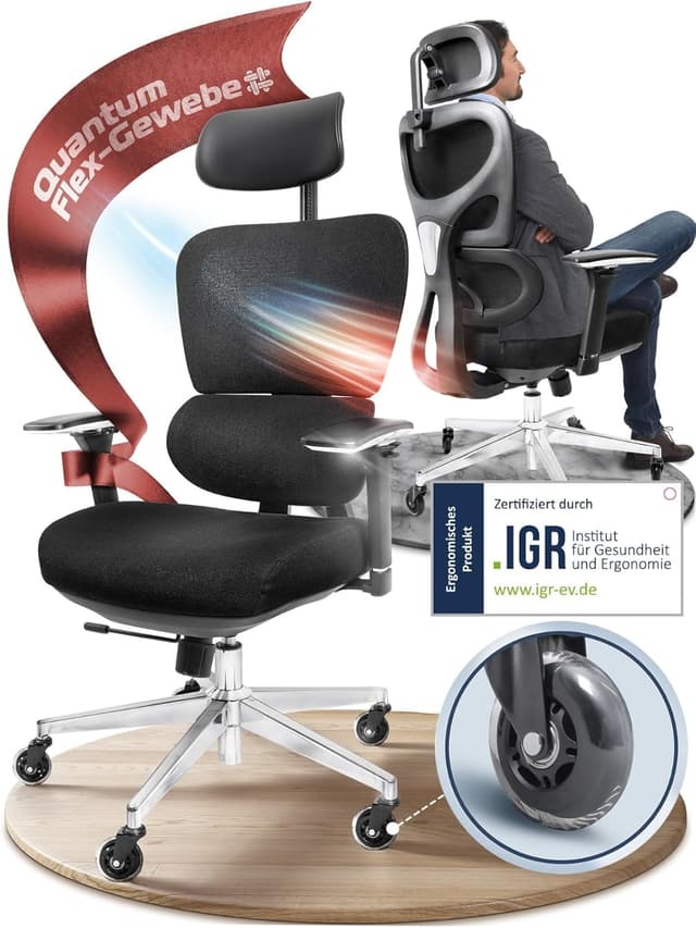 CLOUVOU ProSeat Bürostuhl Ergonomisch | Schreibtischstuhl QuantumFlex, Verstellbare 4D Chrom-Metallarmlehne, Blade Wheels | Büro Stuhl, Computerstuhl Home Office Chair Ergonomic,150 kg (ProSeat)