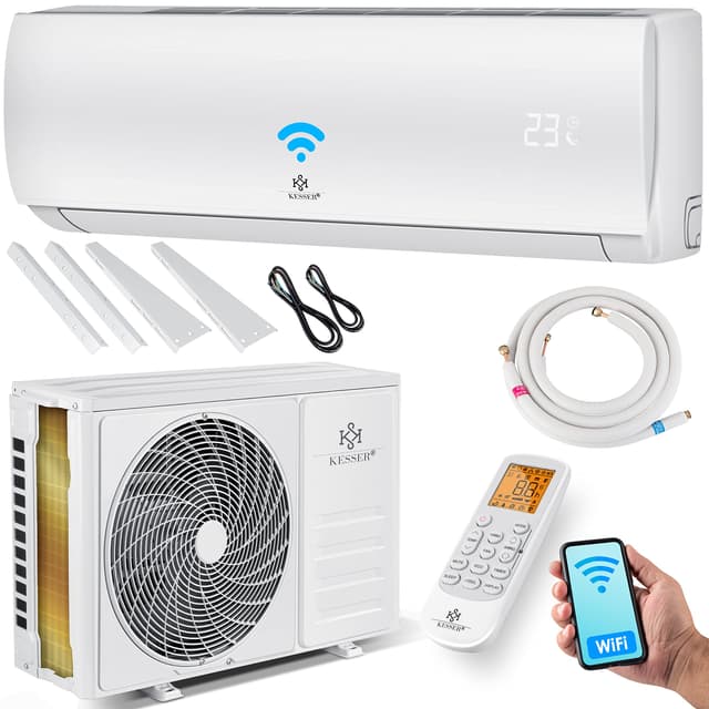 KESSER® Klimaanlage Set Split - mit WiFi/App Funktion Klimagerät - Kühlen A++/ Heizen A+ - 9000 BTU/h (2.600 Watt) Kältemittel R32 - Fernbedienung, Timerfunktion - Inkl. komplettem Montagematerial Split 9000 BTU/h / 2600 Watt