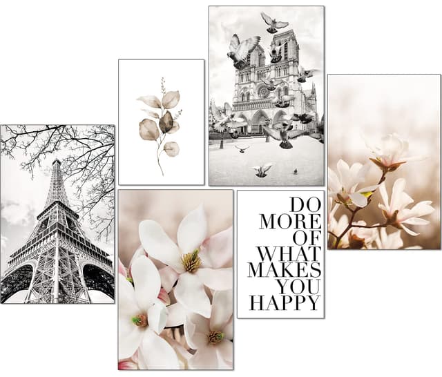 artpin® Moderne Poster Set - Bilder Wohnzimmer Deko Schlafzimmer - Paris Blumen schwarz weiß Beige Bilderwand ohne Rahmen (4x A4 | 2x A5) W14 W14 4xA4 & 2xA5