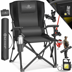 KESSER® Campingstuhl faltbar bis 160 kg | Angelstuhl Faltstuhl Klappstuhl Gepolstert mit Armlehnen | Campinglicht und Getränkehalter + Tasche mit hoher Rückenlehne | Strandstuhl mit Angelhalterung Anthrazit / Schwarz