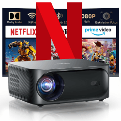 【Netflix offiziell & Dolby Audio】 Smart Beamer,25000 Lumen iSinbox WiFi6 Bluetooth tragbare Beamer,Full HD 1080P Projektor mit elektrischem Fokus und Trapezkorrektur,100%-50% Zoom Outdoor Beamer Grau