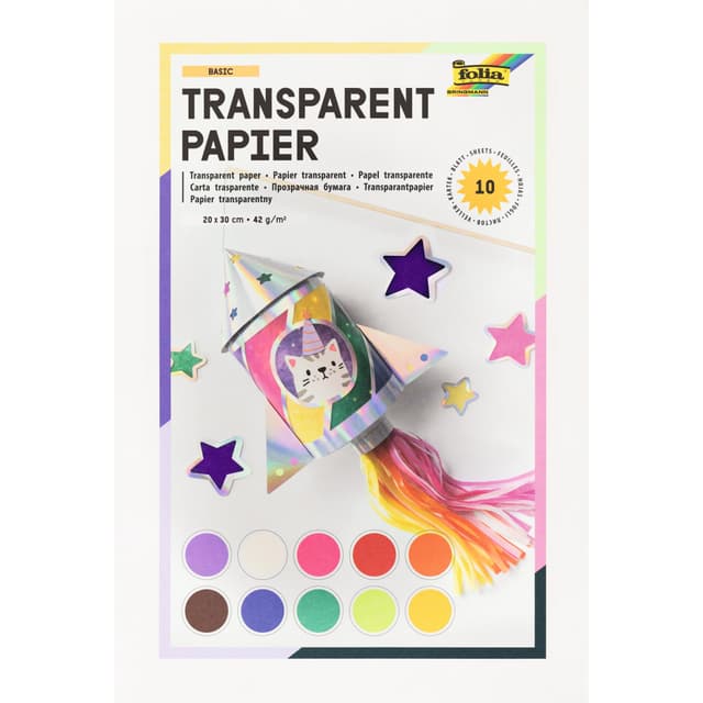 folia 888 - Transparentpapier im Heft, Drachenpapier, ca. 20 x 30 cm, 10 Blatt sortiert in 10 Farben, 42 g/qm, durchschimmernd, zum Basteln von Windlichtern, Laternen, Fensterbildern