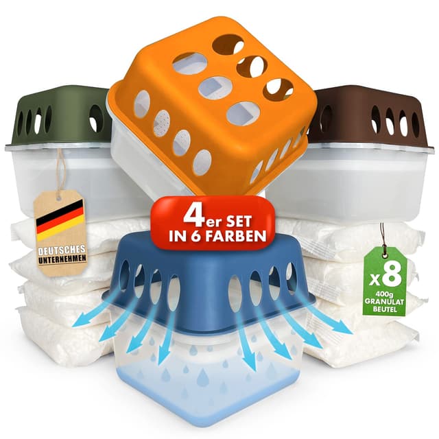 KARAT 4 x Luftentfeuchter mit 8 x 400g Nachüll-Beutel Granulat Raumentfeuchter nachfüllbar & wiederverwendbar (Grau, Hava) Hava Grau
