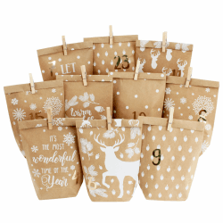 Papierdrachen Adventskalender zum Befüllen - 24 bedruckte Geschenktüten und 24 Zahlenaufkleber und Klammern - Motiv Cozy Winter weiß - zum Basteln und Verschenken - Weihnachten