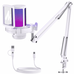 MAONO GDGM20S Gaming-USB-Mikrofon, Geräuschunterdrückung, Kondensator-Mikrofon mit RGB-Licht, Stummschaltung, Verstärkung, Monitor, Galgenarm, Pop-Filter für Streaming, Podcast, Twitch, YouTube, white