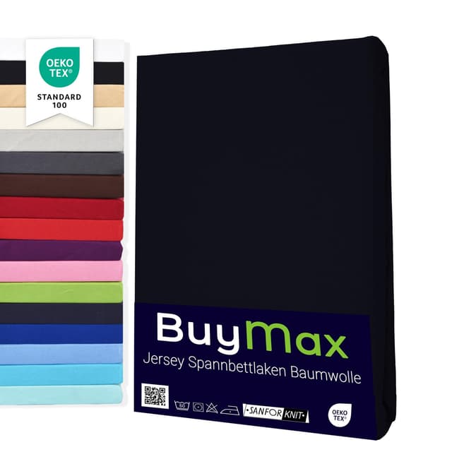 Buymax Spannbettlaken 180x200cm Doppelpack 100% Baumwolle Spannbetttuch Bettlaken Jersey, Matratzenhöhe bis 25 cm, Farbe Schwarz 180x200x30 cm Schwarz 2