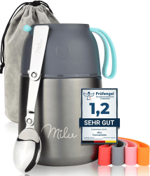 Milu® Thermobehälter 450, 650ml, 800ml | Edelstahl Warmhaltebehälter | Essensbehälter | Speisegefäß Babynahrung | Essen warmhalten Behälter | Thermo Lunchbox | Müsli to go | Grau, 450ml Grau 450ml