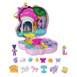 Polly Pocket Einhorn, in Wald-Wunder Thema, mit 13 Zubehörteilen wie 2 Puppen (1 Meerjungfrau), Teeset und Einhorn Haustiere, Spielzeug ab 4 Jahre, HCG20 Single