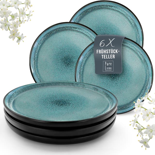 Steingut Frühstücksteller 6 Pers. Ibiza Hochwertiges Mediterranes TEST SEHR GUT Dessertteller Set - Kuchenteller spülmaschinen- und kratzfest - Kleine Teller, Salatteller Pure Living in Petrol Petrol Kleine Teller (6x)