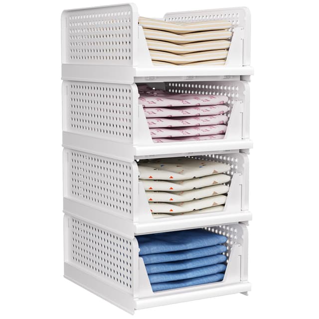 Faltbare Kleiderschrank-Organizer, stapelbare Aufbewahrungsboxen, Schrank Organizer Kleiderschrank, Kunststoff-Schubladenorganizer-Korb für Schlafzimmer, Küche, Bad, Büro, 4 Stück weiß