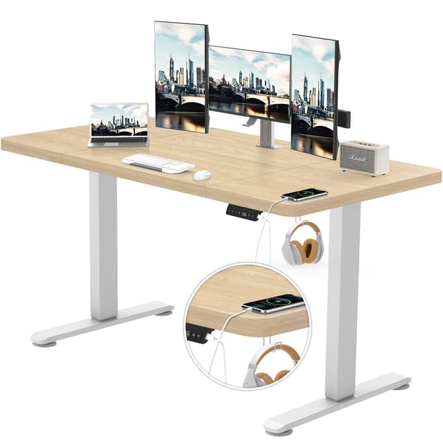 TRIUMPHKEY Schreibtisch Höhenverstellbar Elektrisch 140x70 cm mit USB Ladeanschluss, 3 Memory-Steuerung Höhenverstellbarer Schreibtisch groß Anti-Kollision-System Stehpult Computertisch 140 x 70 cm Ahorn+weiß